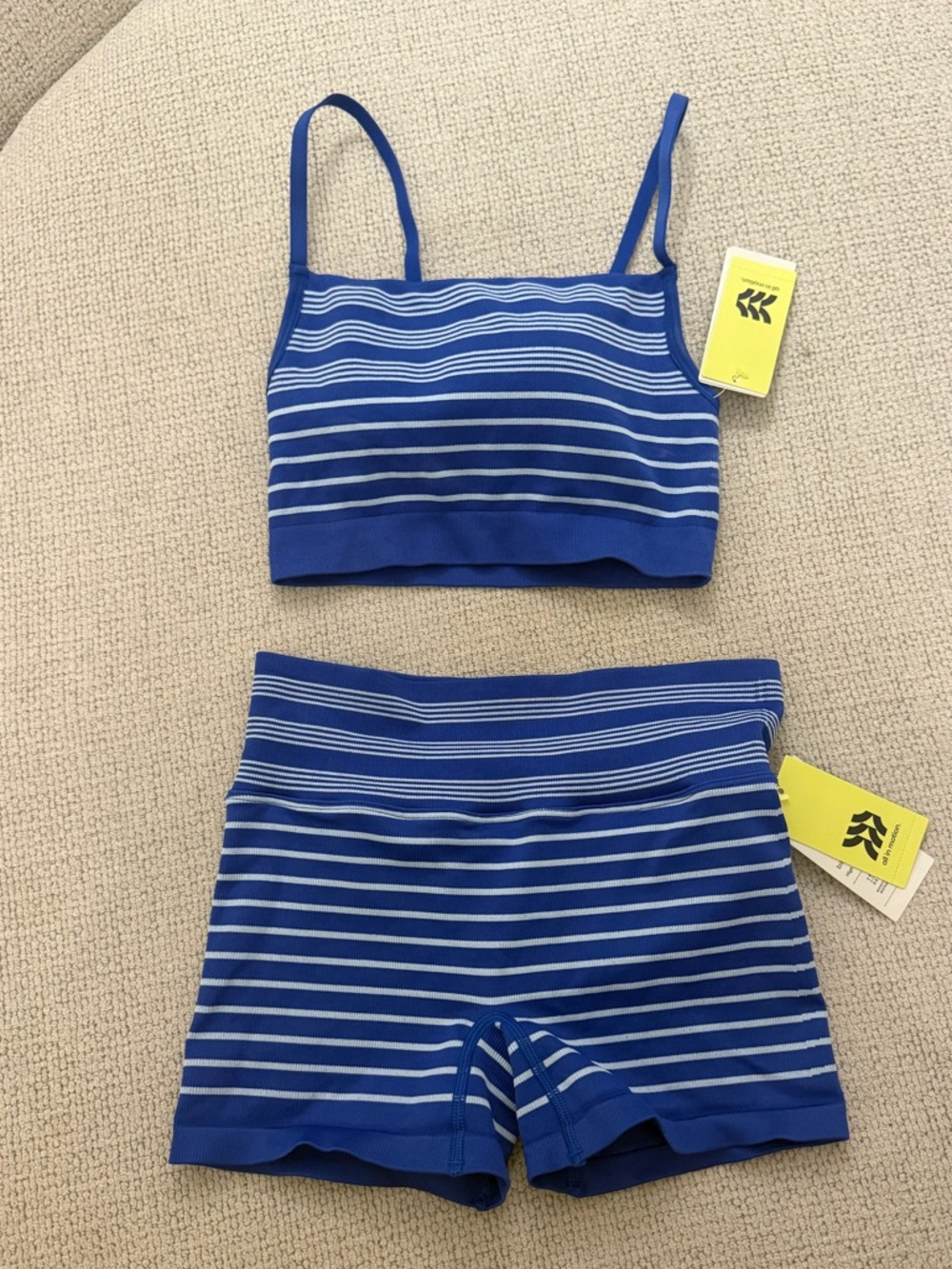 All in Motion Blue Striped Athletic Crop Top and Shorts Set